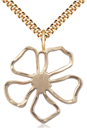 14kt Gold Filled Five Petal Flower Pendant on a 24 inch Gold Plate Heavy Curb chain