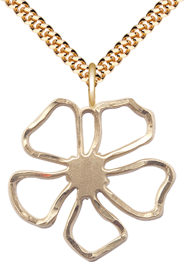 14kt Gold Filled Five Petal Flower Pendant on a 24 inch Gold Plate Heavy Curb chain