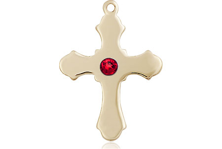 14kt Gold Cross Medal with a 3mm Ruby Swarovski stone