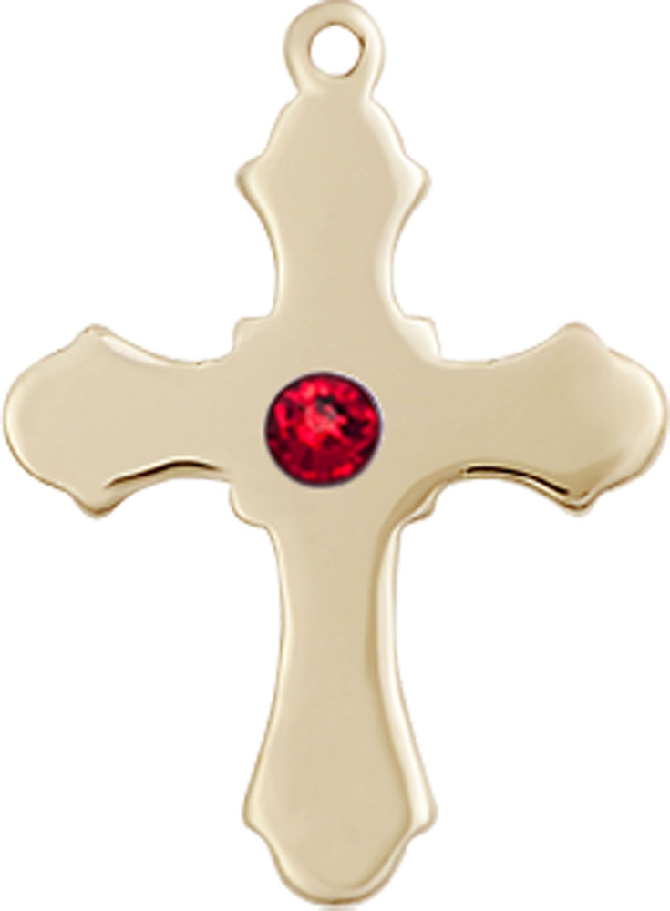 14kt Gold Cross Medal with a 3mm Ruby Swarovski stone