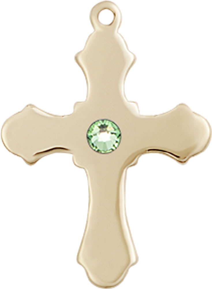 14kt Gold Cross Medal with a 3mm Peridot Swarovski stone