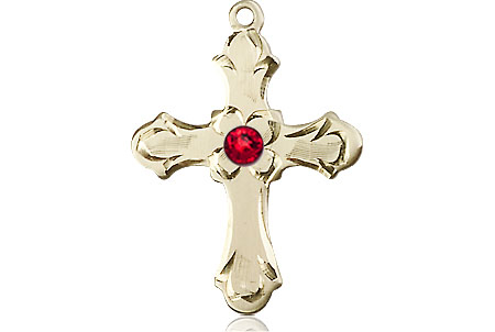 14kt Gold Cross Medal with a 3mm Ruby Swarovski stone