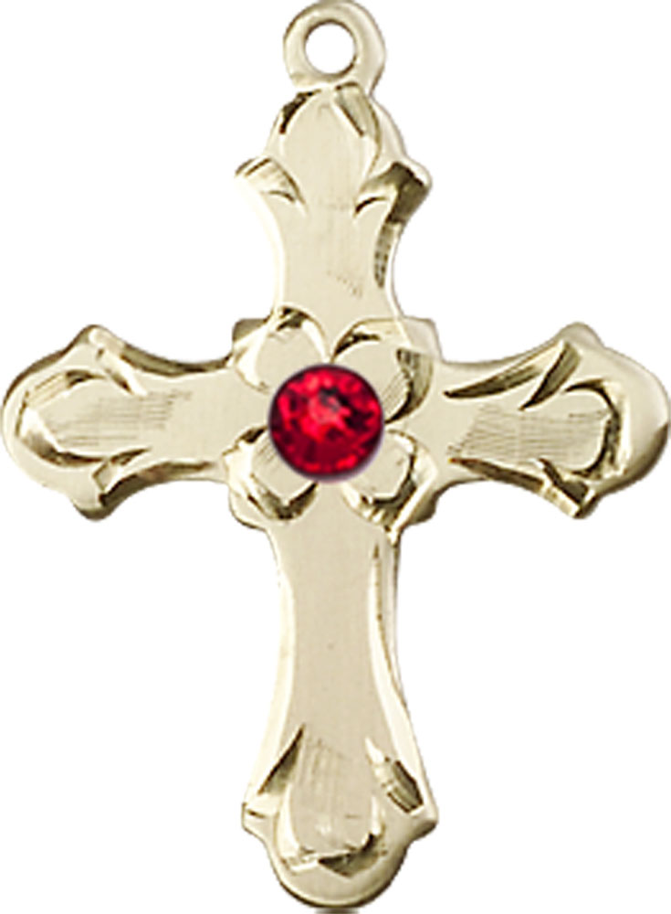 14kt Gold Cross Medal with a 3mm Ruby Swarovski stone