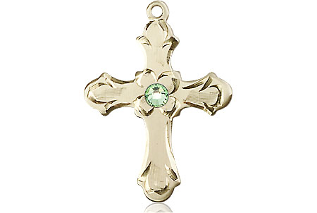 14kt Gold Cross Medal with a 3mm Peridot Swarovski stone