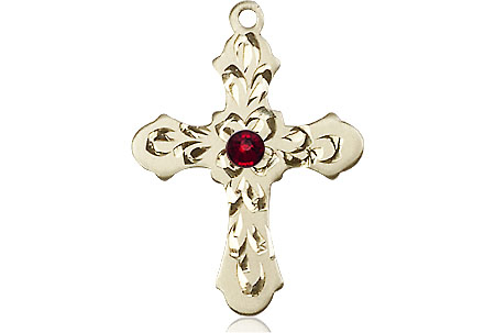 14kt Gold Cross Medal with a 3mm Garnet Swarovski stone