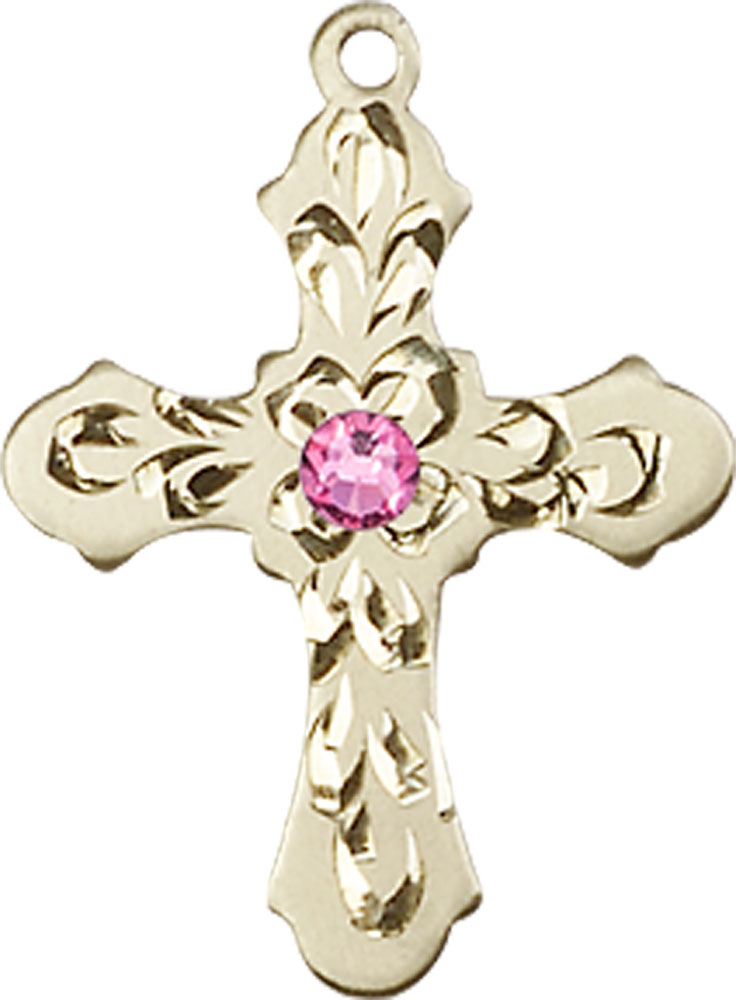 14kt Gold Cross Medal with a 3mm Rose Swarovski stone