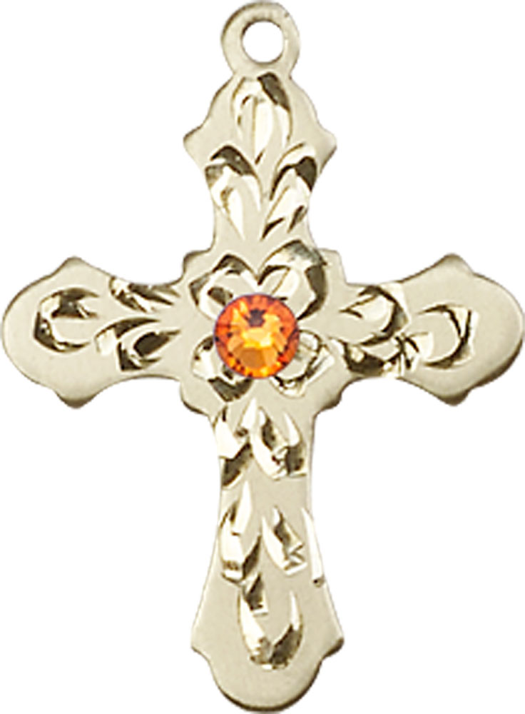 14kt Gold Cross Medal with a 3mm Topaz Swarovski stone