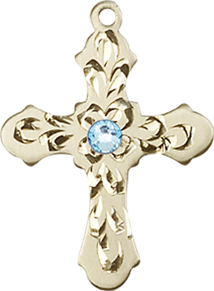 14kt Gold Cross Medal with a 3mm Aqua Swarovski stone