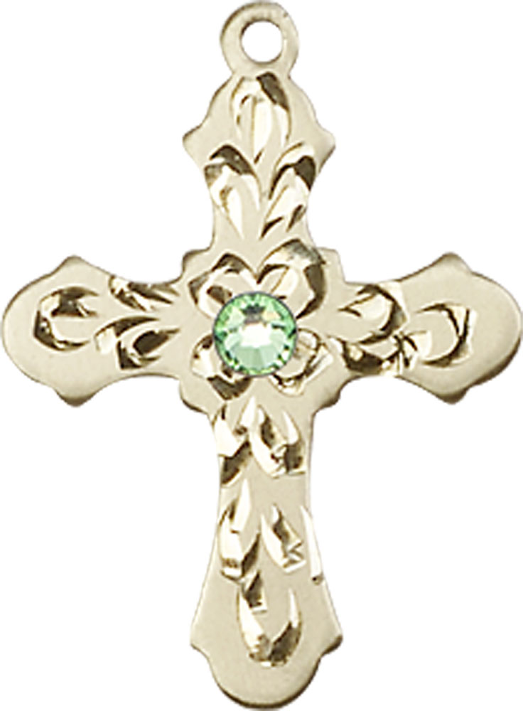 14kt Gold Cross Medal with a 3mm Peridot Swarovski stone