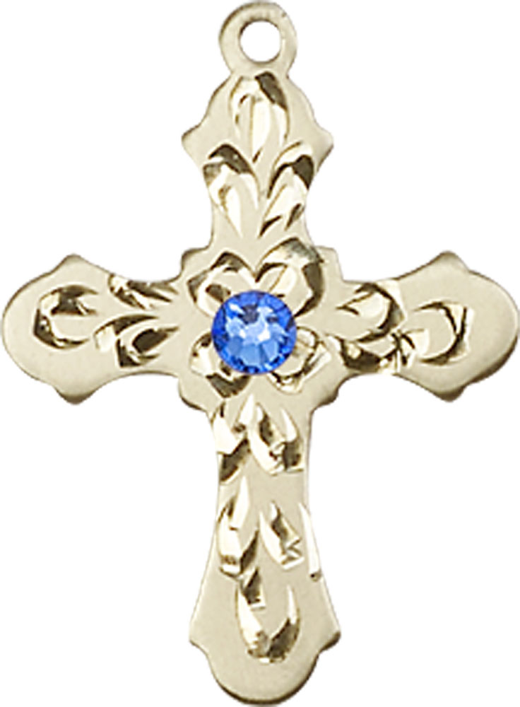 14kt Gold Cross Medal with a 3mm Sapphire Swarovski stone