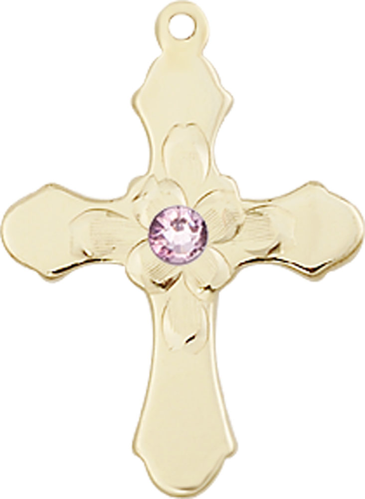 14kt Gold Cross Medal with a 3mm Light Amethyst Swarovski stone