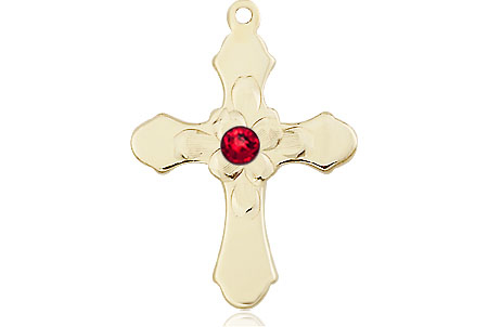 14kt Gold Cross Medal with a 3mm Ruby Swarovski stone