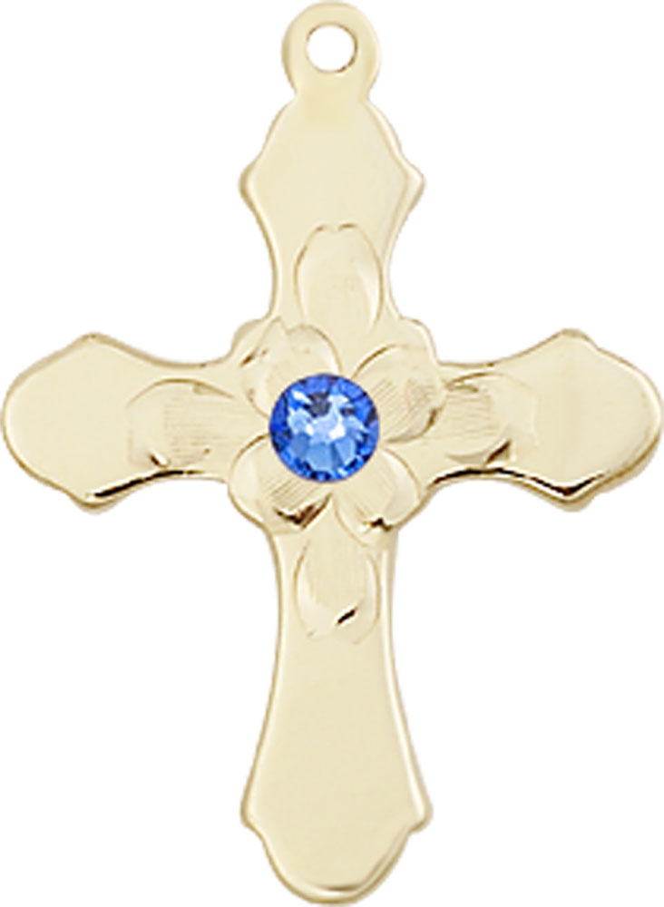 14kt Gold Cross Medal with a 3mm Sapphire Swarovski stone