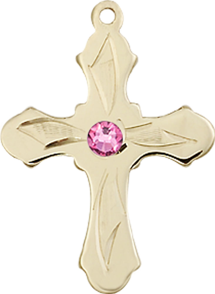 14kt Gold Cross Medal with a 3mm Rose Swarovski stone