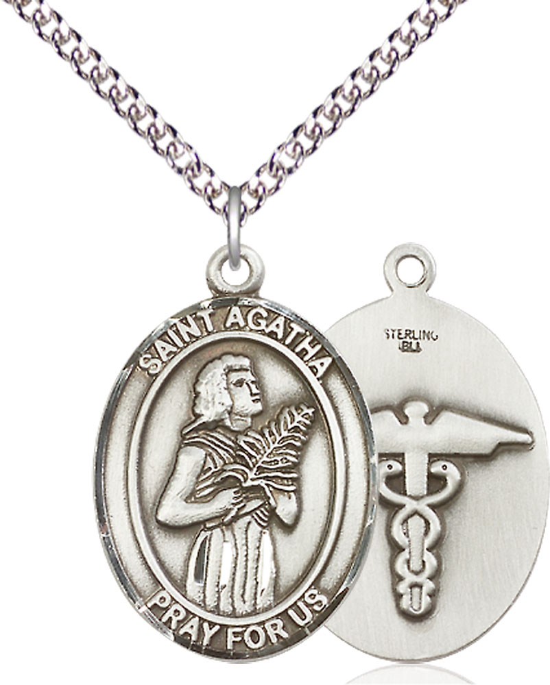 Sterling Silver Saint Agatha Nurse Pendant on a 24 inch Sterling Silver Heavy Curb chain