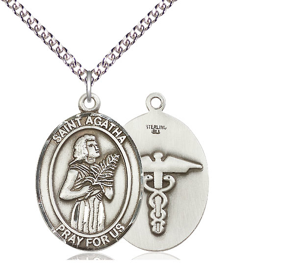 Sterling Silver Saint Agatha Nurse Pendant on a 24 inch Sterling Silver Heavy Curb chain