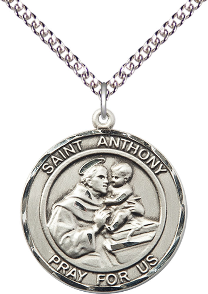 Sterling Silver Saint Anthony of Padua Pendant on a 24 inch Sterling Silver Heavy Curb chain