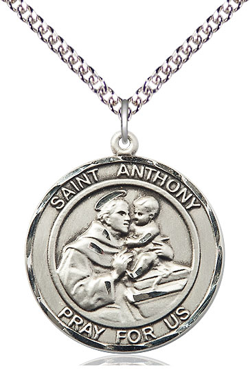 Sterling Silver Saint Anthony of Padua Pendant on a 24 inch Sterling Silver Heavy Curb chain