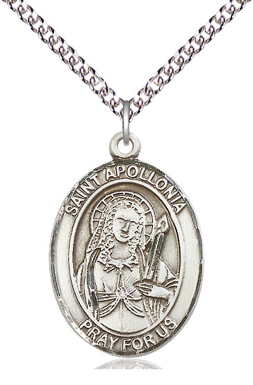 Sterling Silver Saint Apollonia Pendant on a 24 inch Sterling Silver Heavy Curb chain