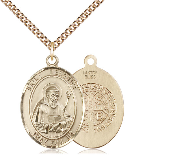 14kt Gold Filled Saint Benedict Pendant on a 24 inch Gold Filled Heavy Curb chain