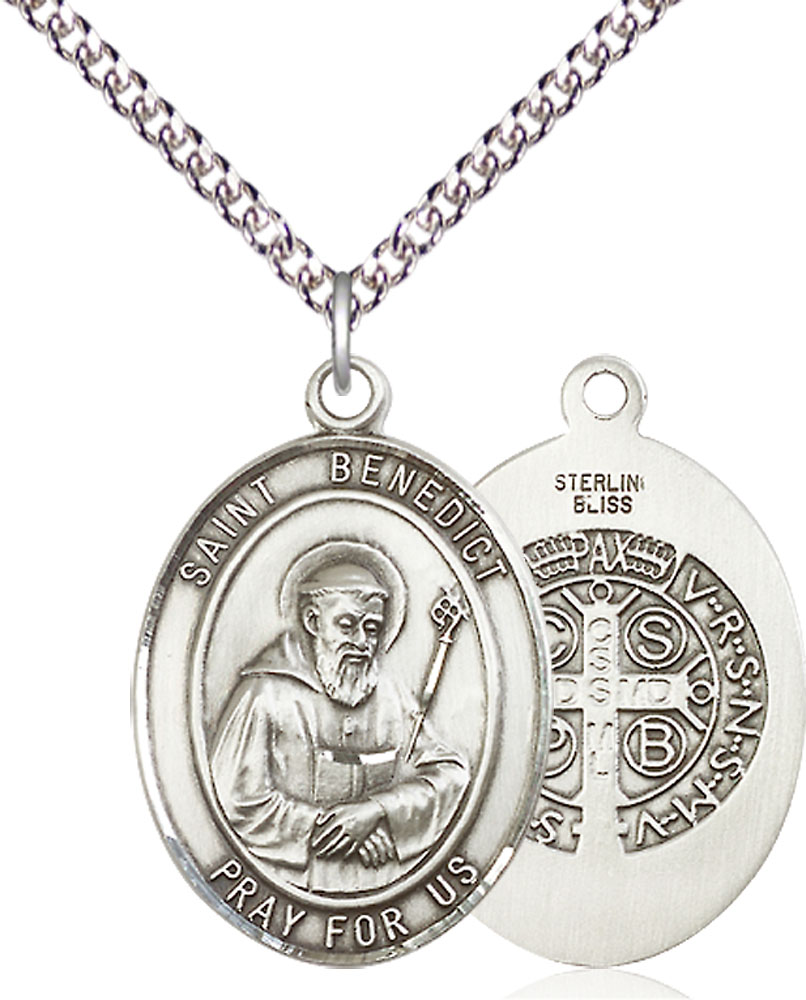 Sterling Silver Saint Benedict Pendant on a 24 inch Sterling Silver Heavy Curb chain