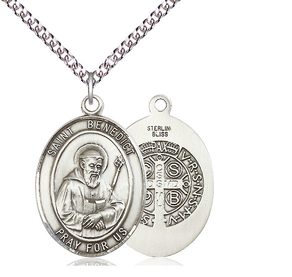 Sterling Silver Saint Benedict Pendant on a 24 inch Sterling Silver Heavy Curb chain