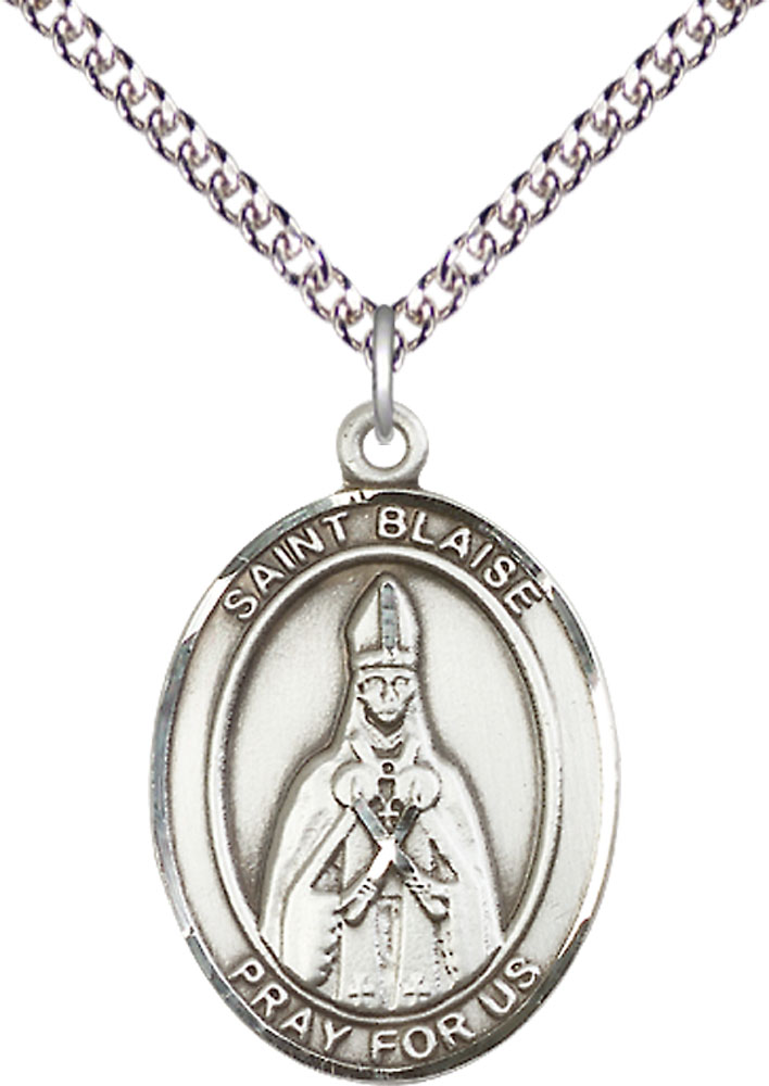 Sterling Silver Saint Blaise Pendant on a 24 inch Sterling Silver Heavy Curb chain