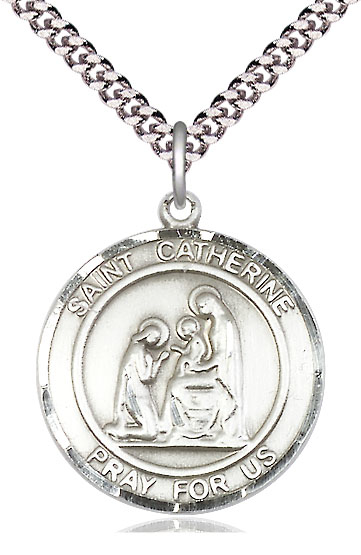 Sterling Silver Saint Catherine of Siena Pendant on a 24 inch Light Rhodium Heavy Curb chain