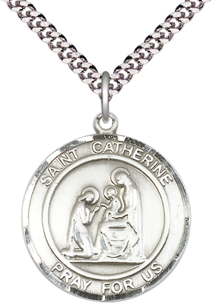Sterling Silver Saint Catherine of Siena Pendant on a 24 inch Light Rhodium Heavy Curb chain