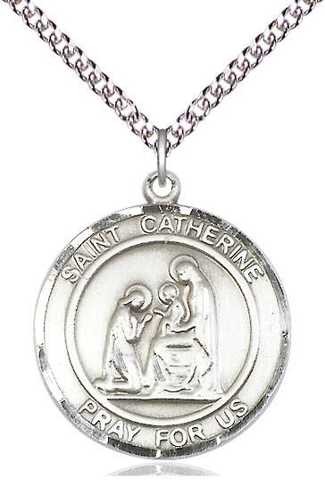 Sterling Silver Saint Catherine of Siena Pendant on a 24 inch Sterling Silver Heavy Curb chain