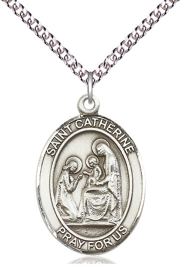 Sterling Silver Saint Catherine of Siena Pendant on a 24 inch Sterling Silver Heavy Curb chain