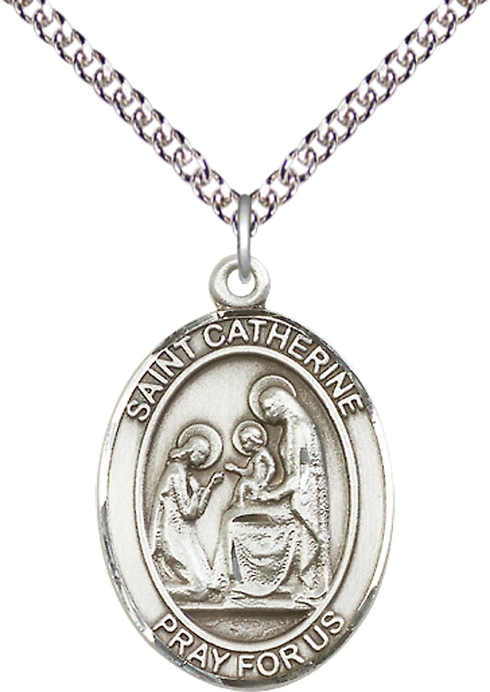 Sterling Silver Saint Catherine of Siena Pendant on a 24 inch Sterling Silver Heavy Curb chain