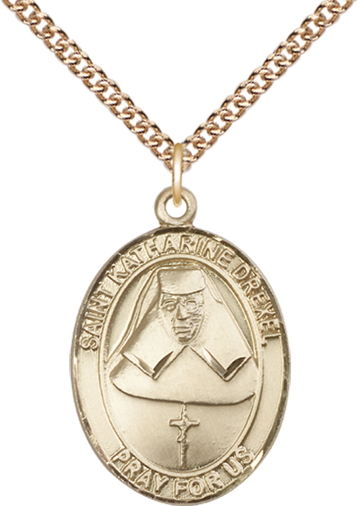 14kt Gold Filled Saint Katharine Drexel Pendant on a 24 inch Gold Filled Heavy Curb chain