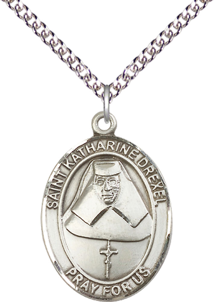 Sterling Silver Saint Katharine Drexel Pendant on a 24 inch Sterling Silver Heavy Curb chain