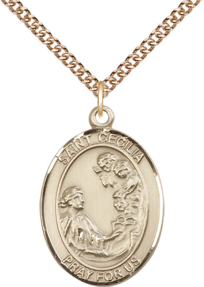 14kt Gold Filled Saint Cecilia Pendant on a 24 inch Gold Filled Heavy Curb chain