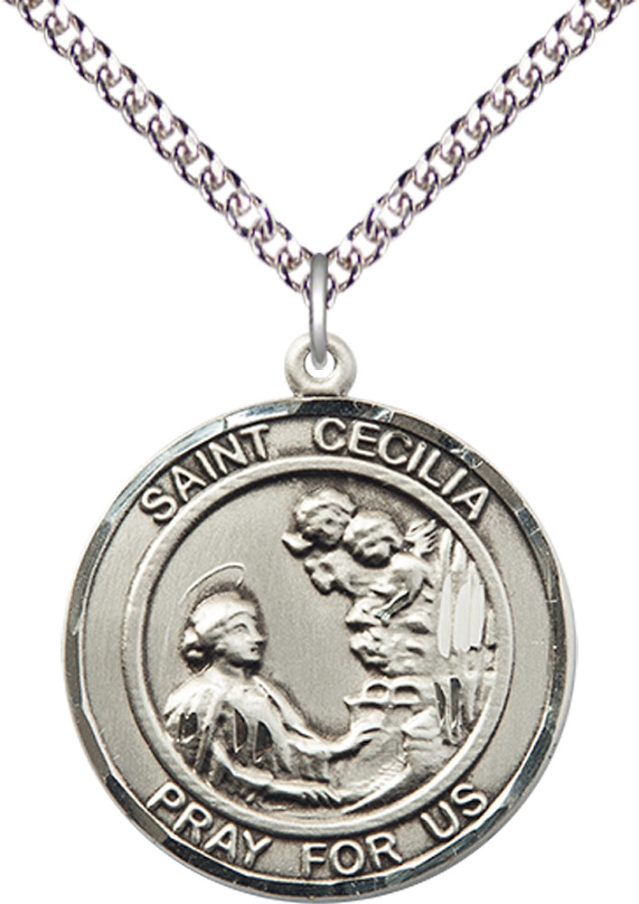 Sterling Silver Saint Cecilia Pendant on a 24 inch Sterling Silver Heavy Curb chain