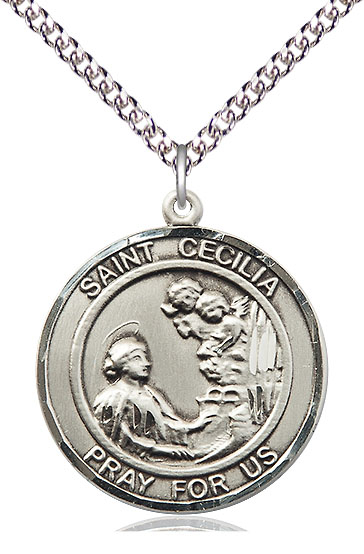 Sterling Silver Saint Cecilia Pendant on a 24 inch Sterling Silver Heavy Curb chain