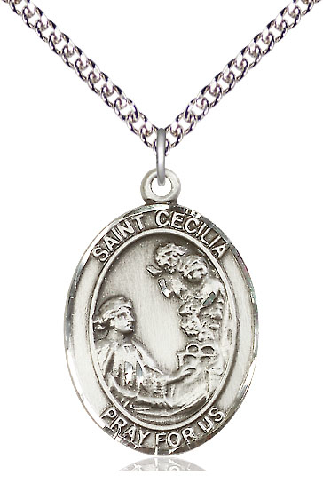 Sterling Silver Saint Cecilia Pendant on a 24 inch Sterling Silver Heavy Curb chain