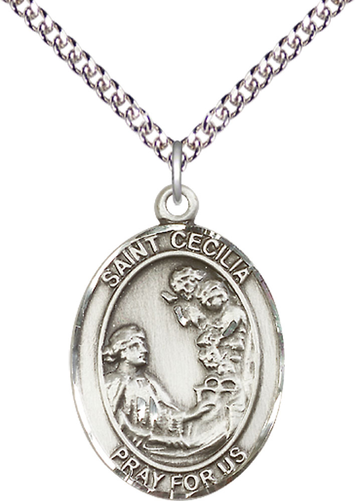 Sterling Silver Saint Cecilia Pendant on a 24 inch Sterling Silver Heavy Curb chain