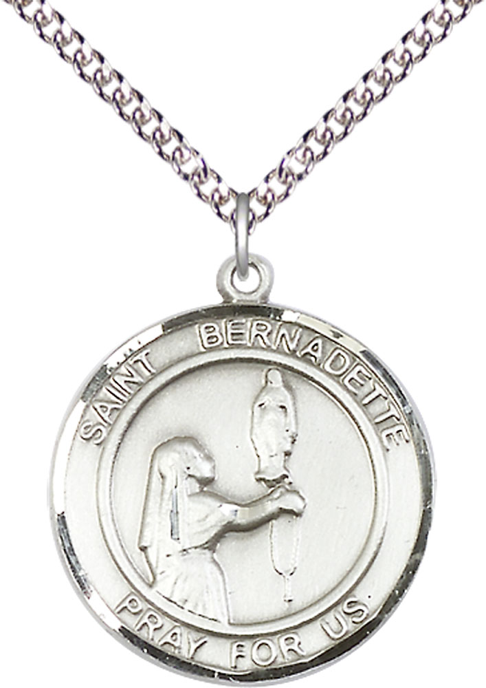 Sterling Silver Saint Bernadette Pendant on a 24 inch Sterling Silver Heavy Curb chain