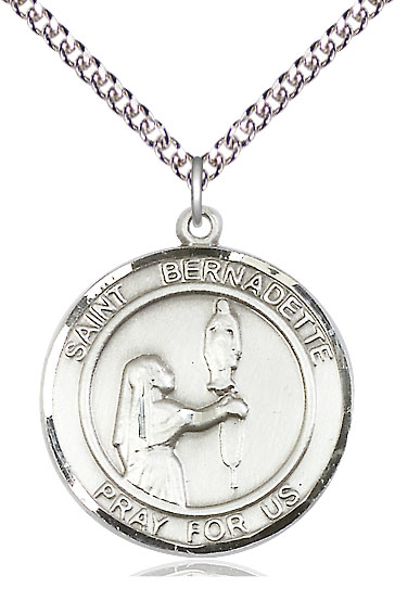 Sterling Silver Saint Bernadette Pendant on a 24 inch Sterling Silver Heavy Curb chain