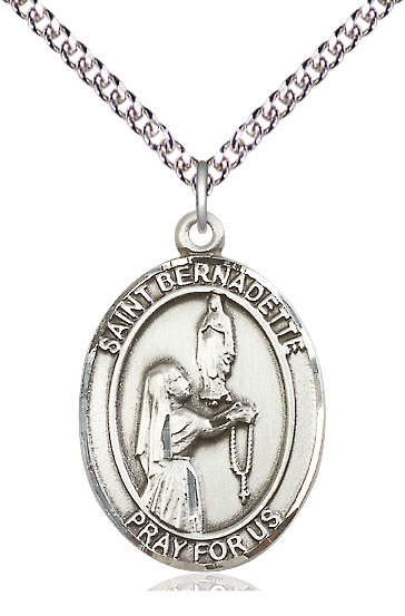 Sterling Silver Saint Bernadette Pendant on a 24 inch Sterling Silver Heavy Curb chain