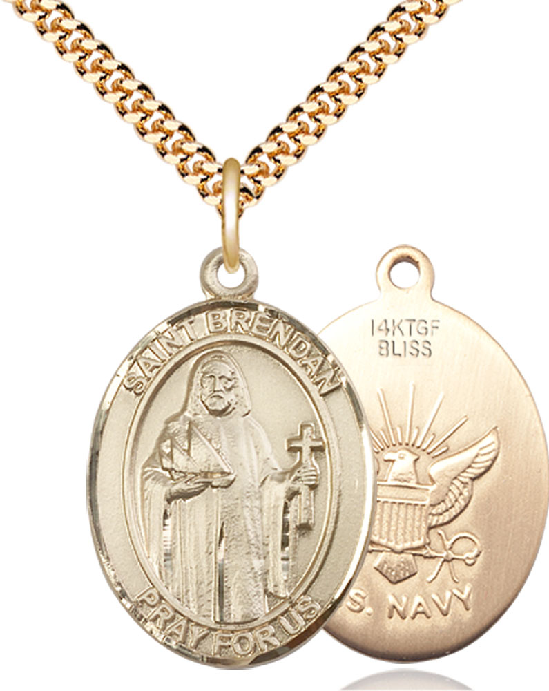 14kt Gold Filled Saint Brendan Navy Pendant on a 24 inch Gold Plate Heavy Curb chain