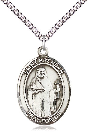 Sterling Silver Saint Brendan the Navigator Pendant on a 24 inch Sterling Silver Heavy Curb chain