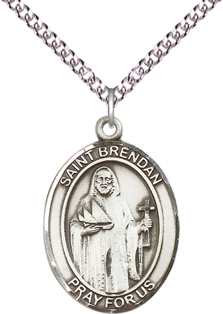 Sterling Silver Saint Brendan the Navigator Pendant on a 24 inch Sterling Silver Heavy Curb chain