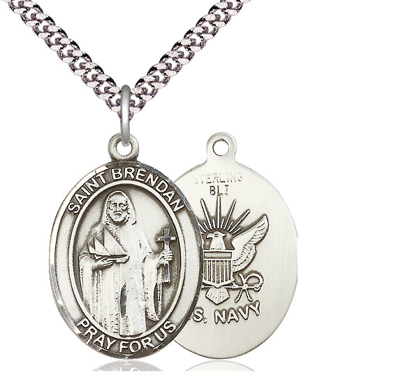 Sterling Silver Saint Brendan Navy Pendant on a 24 inch Light Rhodium Heavy Curb chain