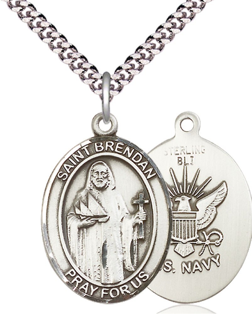 Sterling Silver Saint Brendan Navy Pendant on a 24 inch Light Rhodium Heavy Curb chain