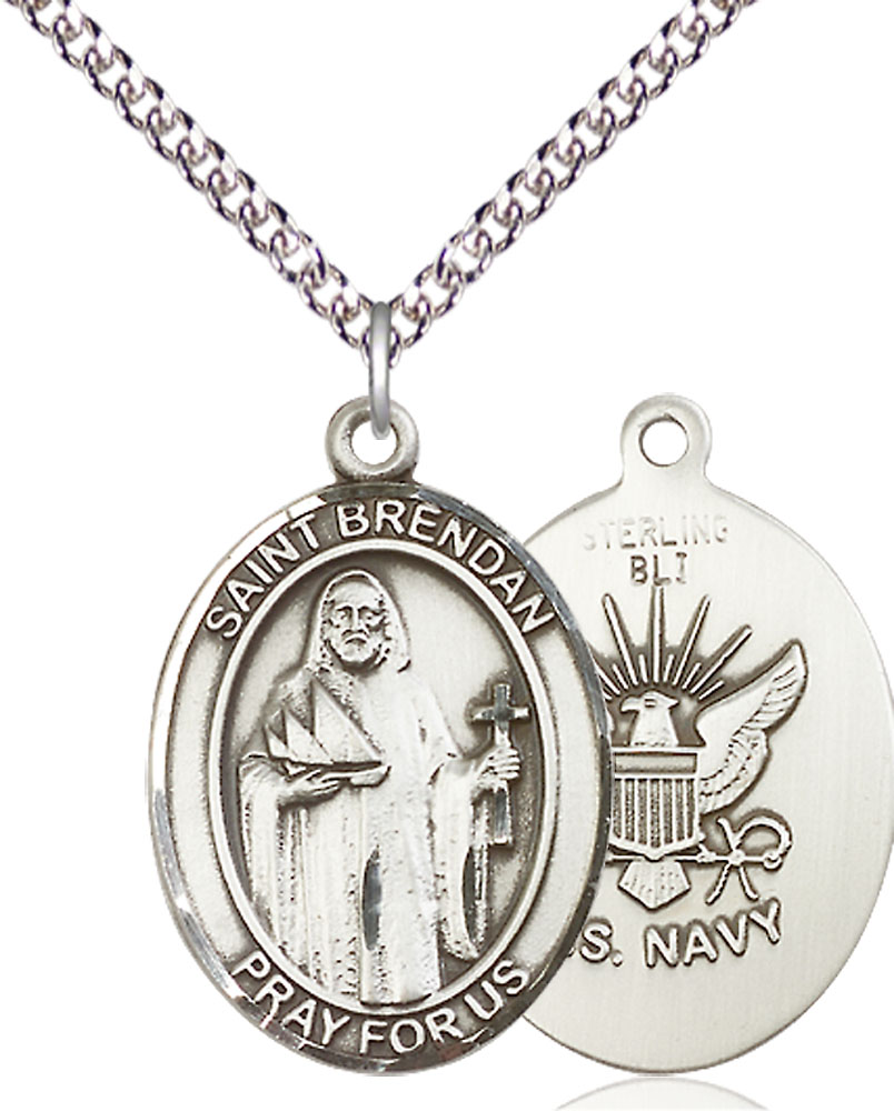 Sterling Silver Saint Brendan Navy Pendant on a 24 inch Sterling Silver Heavy Curb chain