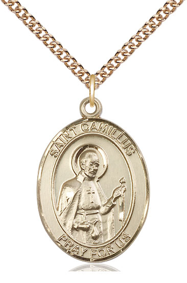 14kt Gold Filled Saint Camillus of Lellis Pendant on a 24 inch Gold Filled Heavy Curb chain