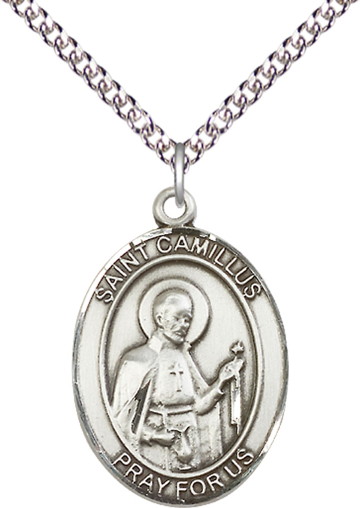 Sterling Silver Saint Camillus of Lellis Pendant on a 24 inch Sterling Silver Heavy Curb chain